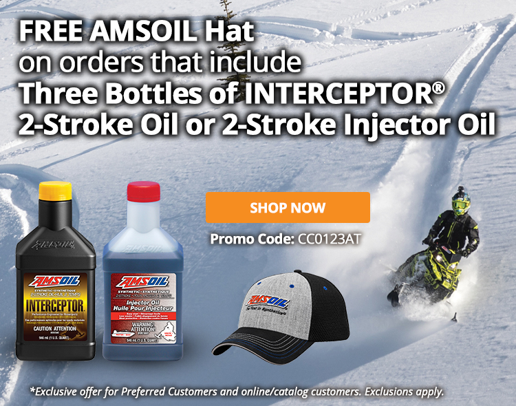 Free AMSOIL Hat on orders that include Three Bottles of Interceptor 2-Stroke Oil or 2-Stroke Injector Oil